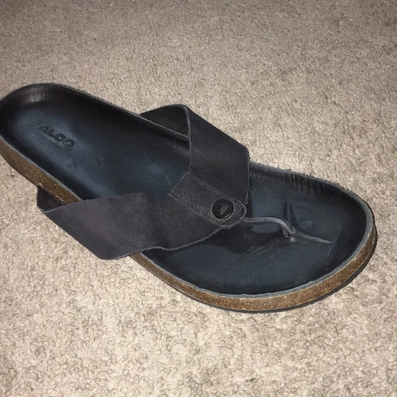 Aldo Men’s Black Leather Cork Flip Flops - Picture 1 of 7